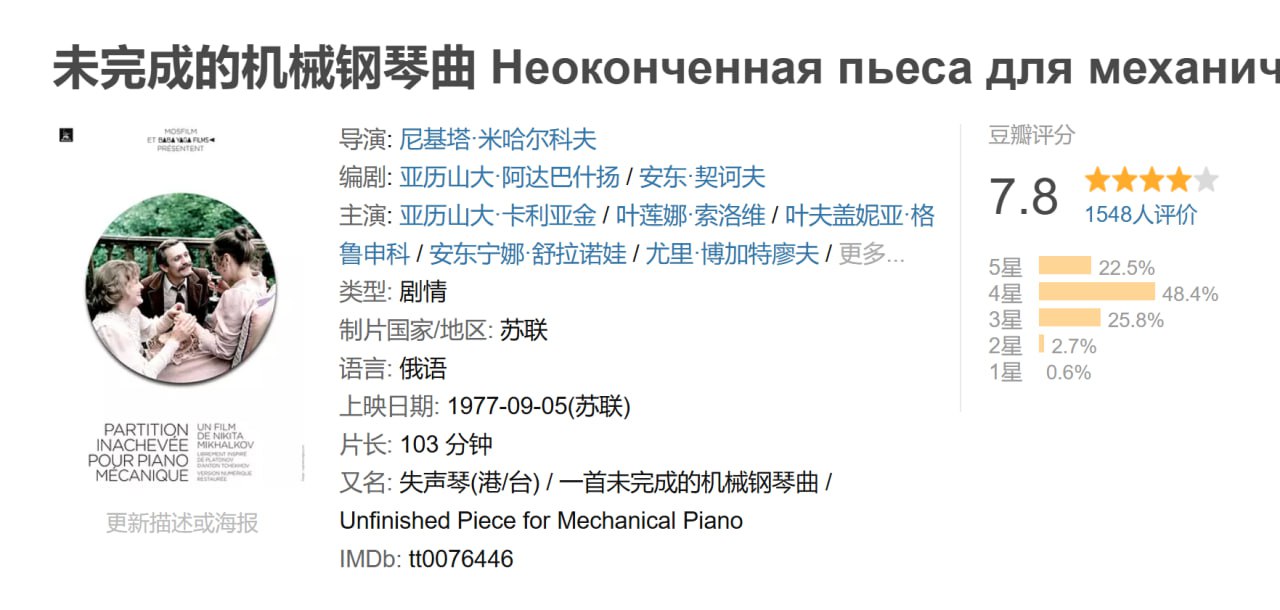 未完成的机械钢琴曲 Неоконченная пьеса для механического пианино (1977)