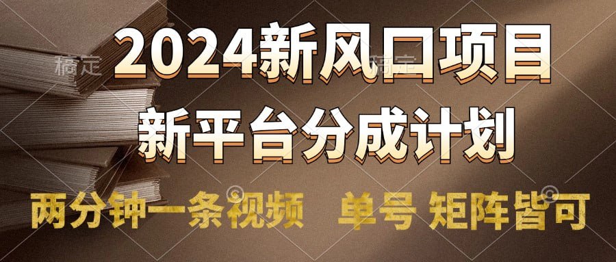 2024风口项目，新平台分成计划，两分钟一条视频，单号 矩阵皆可操作轻松上手月入9000