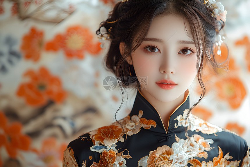 美女壁纸新中式黑金旗袍写真