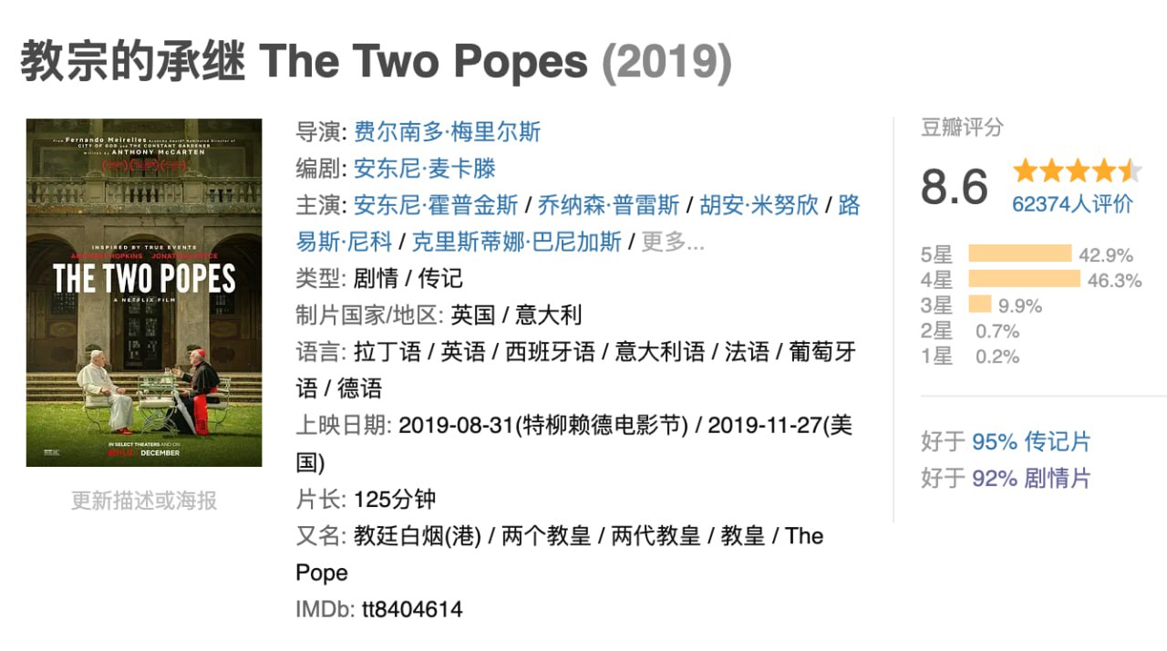 教宗的承继 2019 英语中字 1080P