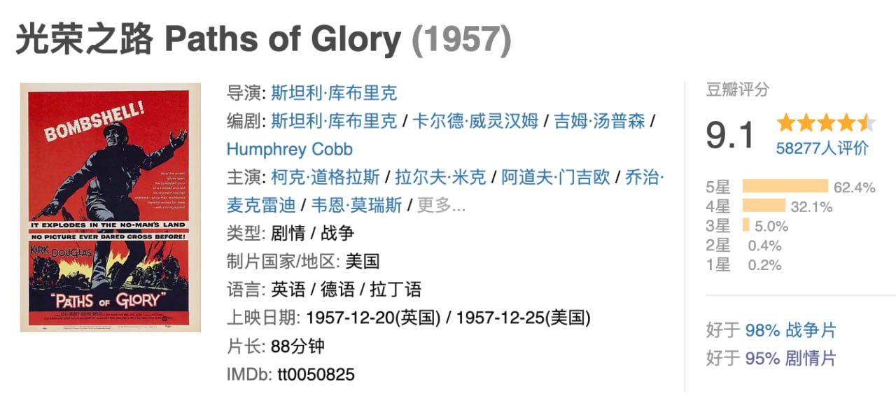 光荣之路 1957 英语中字 1080P蓝光超清